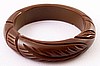 BB361 dark chocolate leaf carved bakelite bangle